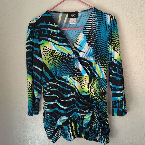 Libra Women's Crossbody Animal Print Blue Green Top Ruffle Stretch Rouche M - Picture 1 of 9